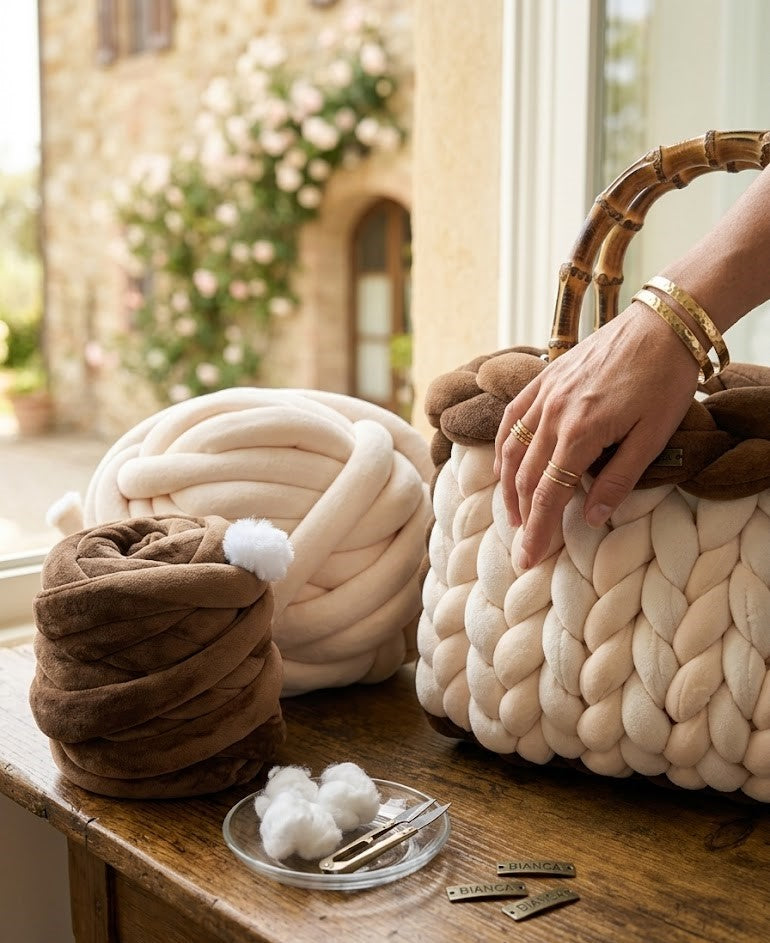 Sac à Main Grosse Maille XXL "Boho Sunset" – Sac Chunky Knit Fait Main – Style Bohème Chic – Création Artisanale Kaffè Latte