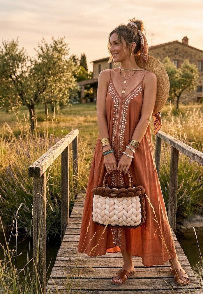 Sac à Main Grosse Maille XXL "Boho Sunset" – Sac Chunky Knit Fait Main – Style Bohème Chic – Création Artisanale Kaffè Latte