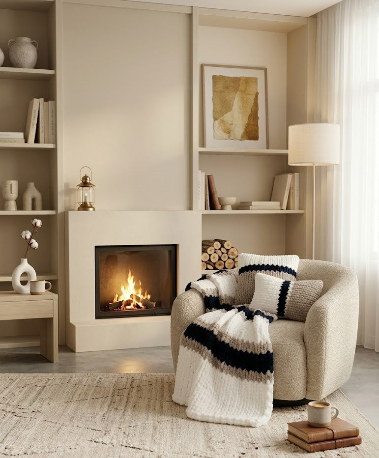 Parure Cocooning Indigo & Sable | Plaid Chunky Knit et Coussins Tressé