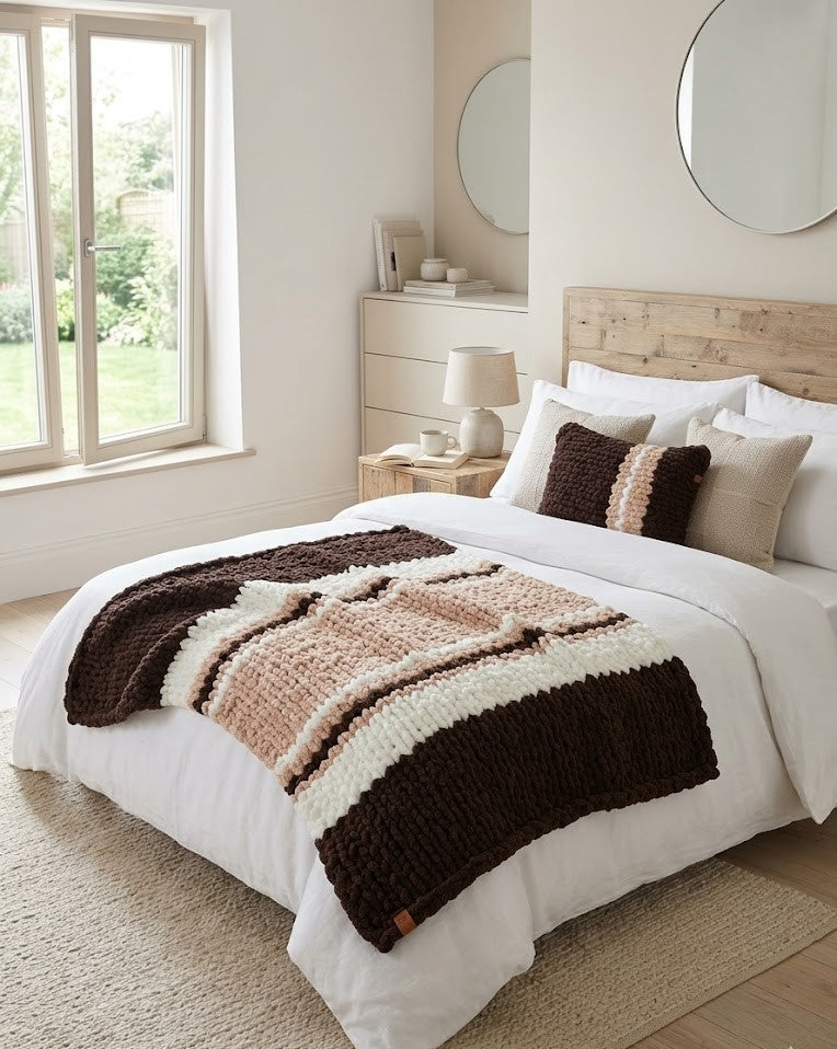 Ensemble Coordonné Couverture et Coussin en Grosse Maille - Collection Népal (Chocolat/Crème/Café))
